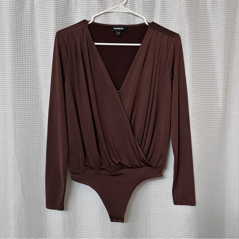 Express • Long-Sleeve Wrap Front Bodysuit • Chocolate Brown • Size XS - Picture 2 of 8